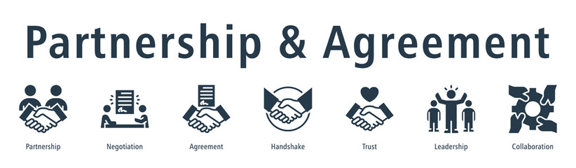 Partnership & Agreement web banner icon vector illustration concept with icon of partnership, negotiation, agreement, handshake, trust, leadership, and collaboration.