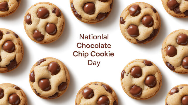 National Chocolate Chip Cookie Day celebration with fresh baked cookies arranged on a white background