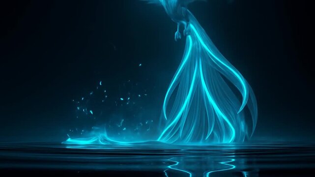 Abstract glowing blue phoenix on dark background digital illustration