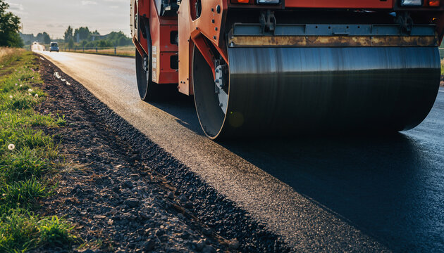 Smooth new asphalt road construction with heavy machinery makes for modern infrastructure and smooth rides on a highway, perfect for travel marketing