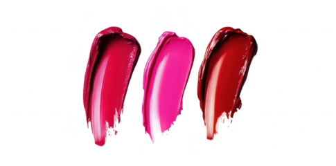 Three lipstick swatches in bold colors?deep red. bright pink. and rich magenta?spread artistically on a clean white background. beauty trends for makeup enthusiasts