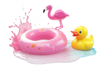 A pink inflatable pool ring with a flamingo float and a yellow rubber duck. splashing in water. set against a bright white background. perfect for summer-themed designs and childrens activities