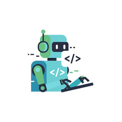 A robot with coding symbols works on a keyboard.