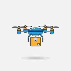 Blue drone carrying a yellow package against a light background.