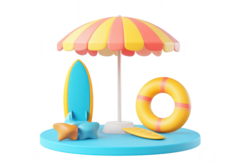 A beach scene featuring a colorful umbrella. surfboard. life ring. and playful starfish. set against a bright backdrop. ideal for summer-themed designs or vacation promotions