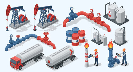 Isometric illustration depicting oil industry elements: pump jacks, pipelines, storage tanks, barrels, tanker trucks, and workers operating valves with flames.