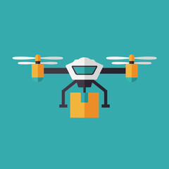 A drone carrying a package against a teal background.