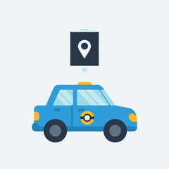 Blue car with location pin icon above it.