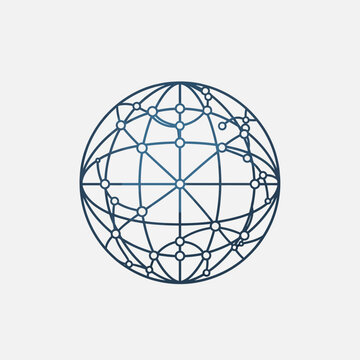 Wireframe globe with interconnected nodes on a plain background.