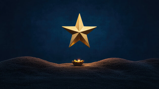 Christmas star shines above glowing candle on textured sand with dark blue background creating peaceful festive atmosphere