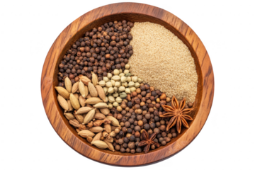 A beautifully arranged wooden bowl filled with a variety of spices and seeds. an artistic blend of textures and colors. perfect for culinary inspiration or food photography