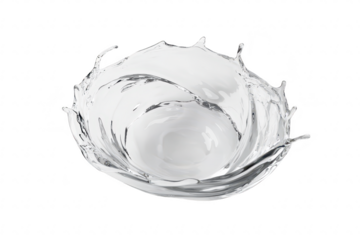 A pristine glass bowl filled with clear water. capturing the moment of a water splash. set against a minimalist white background. ideal for use in culinary or product design contexts
