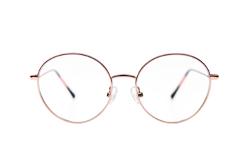 A stylish pair of round eyeglasses with a delicate rose gold frame. set against a clean white background. modern eyewear design for fashion enthusiasts