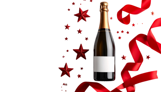 Champagne bottle with blank label, red ribbons, and star confetti on white background.