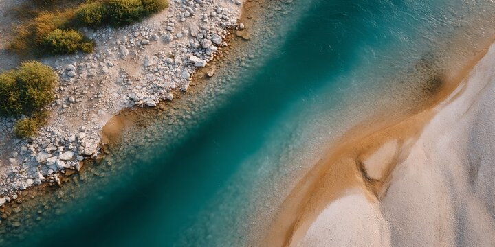 River with a sandy bank and a rocky shore - Powered by Adobe