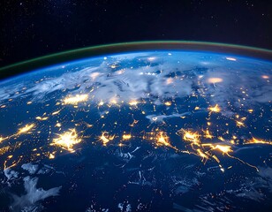 Spectacular aerial view of Earth at night showcasing the glowing network of global cities and illuminated trade routes from space
