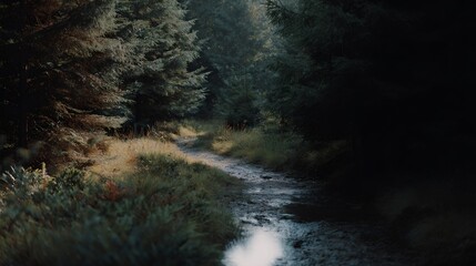 Forest path with a stream running through it