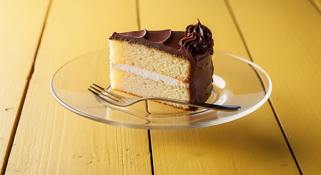 A slice of yellow cake with chocolate frosting and a decorative flower on a plate.