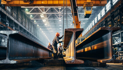 Metalworkers expertly maneuver steel beams with a crane in a vast industrial factory, demonstrating precision and teamwork in the manufacturing process
