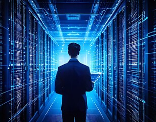 AI Engineer Analyzing Data in a Futuristic Server Room Technology and Data Management