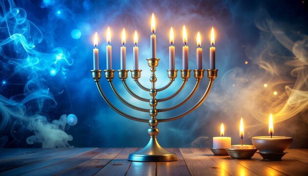 Jewish holiday Hanukkah background with menorah, traditional candelabra and burning candles.