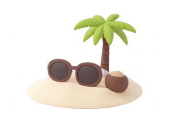 A and playful scene featuring a pair of stylish sunglasses resting on a sandy beach. accompanied by a coconut and a tropical palm tree. evoking a relaxing summer vibe