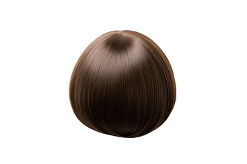 A smooth. shiny. brown synthetic wig displayed on a white background. its rounded shape and sleek texture. ideal for fashion photography or styling demonstrations