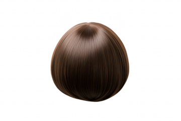 A smooth. shiny. brown synthetic wig displayed on a white background. its rounded shape and sleek texture. ideal for fashion photography or styling demonstrations