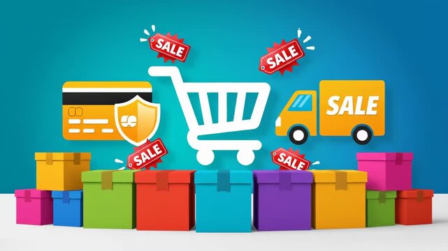 Online Shopping Marketplace Deals with Delivery Truck and Credit Card.