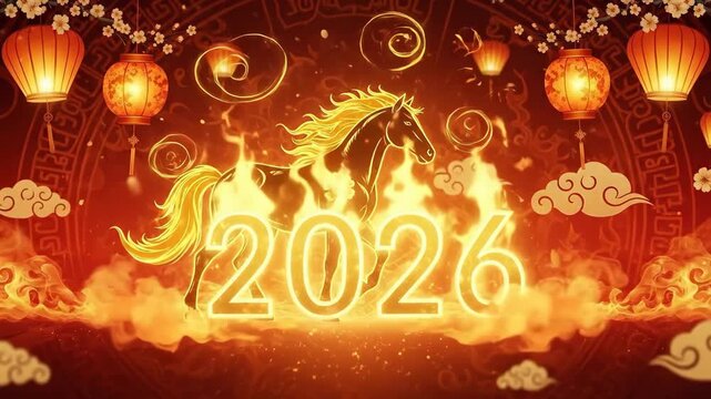 Animated Year of the Horse 2026 with Asian Lanterns and Clouds