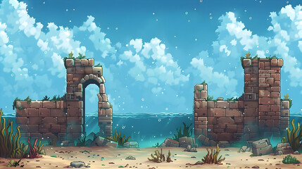 Coastal Ruins at Ocean's Edge: A Pixel Art Landscape