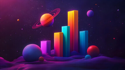 Colorful Pixel Art Bar Graph in Space with Planets
