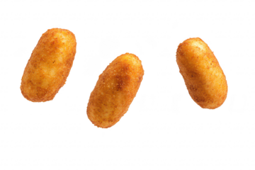 Three golden-brown. crispy fried snacks are floating against a clean white background. their texture and color. ideal for food advertising or culinary presentations