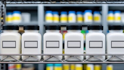 White containers with black lids lined on metal shelves, filled, with blank labels