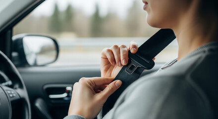 Woman's hand adjusting the seat belt across her chest, blurred driving background, responsible driver concept, travel safety 