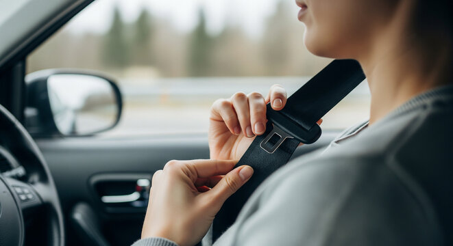 Woman's hand adjusting the seat belt across her chest, blurred driving background, responsible driver concept, travel safety 