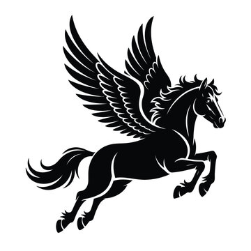 Majestic black pegasus horse with wings in flight silhouette
