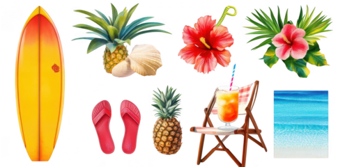 A beach-themed composition featuring a yellow surfboard. tropical pineapples. colorful hibiscus flowers. a refreshing cocktail on a chair. and a serene ocean backdrop. ideal for summer promotions