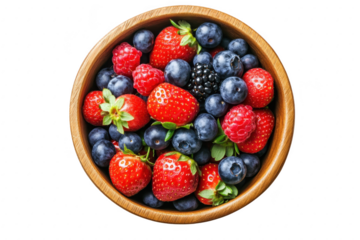 A wooden bowl filled with an assortment of fresh strawberries. blueberries. raspberries. and blackberries. beautifully arranged against a clean white background. perfect for healthy eating visuals