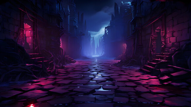 Dark Fantasy City Street at Night: Pixel Art Cyberpunk Setting