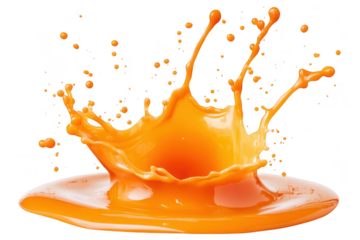 Vivid orange paint splashing dramatically against a white background. capturing the dynamic motion of liquid droplets in mid-air. ideal for creative projects or artistic expressions