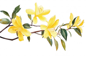 A watercolor painting of yellow flowers on a branch. delicate petals and green leaves against a clean white background. ideal for botanical art enthusiasts and nature-themed decor