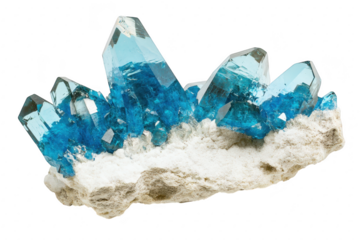 A stunning display of blue crystals emerging from a rough white rock base. their intricate formations and color. perfect for educational or decorative use