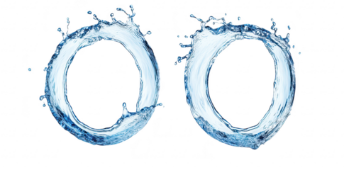 Two dynamic circular splashes of clear water creating a visually striking effect against a white background. ideal for use in advertisements. design projects. or educational materials