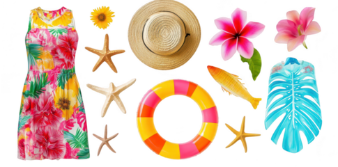 A summer scene featuring a colorful floral dress. a straw hat. tropical flowers. starfish. a life ring. and a fish. perfect for beach-themed promotions or vacation planning
