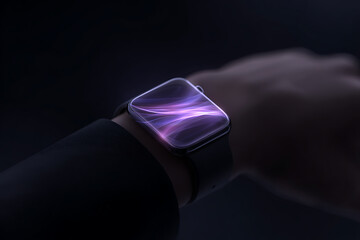 futuristic wearable technology, glowing neon interface on dark background, projected as a holographic smartwatch display over the wrist