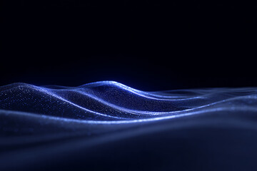 digital ocean waves, motion blurred glowing lines and wave pattern from flowing data streams on a dark blue background