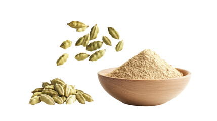 Cardamom pods and powder in a bowl isolated on transparent background
