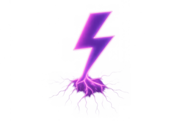 Purple neon lightning bolt icon symbol with electric energy radiating from base on transparent background