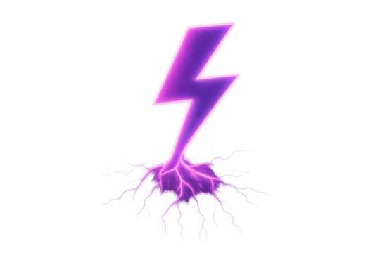 Purple neon lightning bolt icon symbol with electric energy radiating from base on transparent background - Powered by Adobe